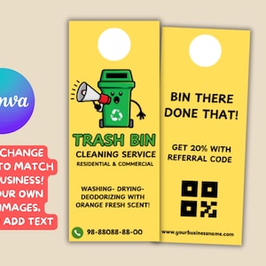 Plantilla de colgador de puerta para servicio de limpieza de contenedores de basura: Diseño editable en Canva (descarga digital)