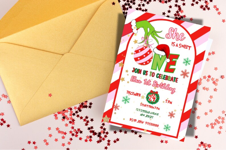 May include: A festive birthday invitation with a Grinch theme. The invitation features red and white stripes, green accents, and the text "She is a sweet ONE." An envelope and star-shaped confetti are also visible.
