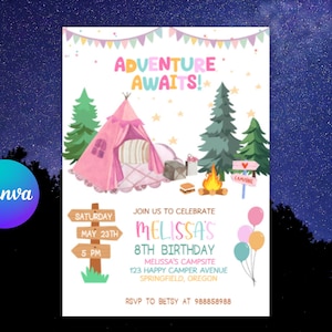 Könnte beinhalten: Eine farbenfrohe Einladung mit Camping-Motiv. Sie zeigt ein rosa Zelt, ein Lagerfeuer und Bäume, mit dem Text "Adventure Awaits!" und Details für Melissas 8. Geburtstag, einschließlich Datum, Uhrzeit und Ort.
