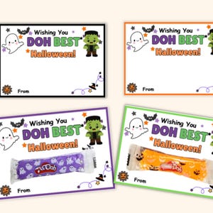 May include: Four rectangular Halloween-themed gift cards featuring a white ghost, a green monster, a bat, and stars. The text reads Wishing You DOH BEST Halloween! with a From line. Two cards include a small Play-Doh container in purple or orange.