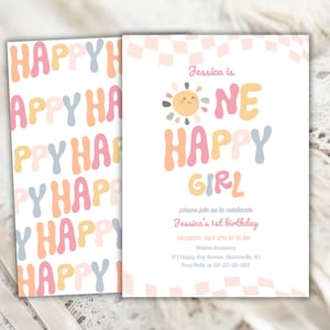 One Happy Girl Sun Birthday Invite 1st Birthday Invitation Girl First Birthday Boho Groovy Sunshine, Evite DIY,Printable, Instant Download