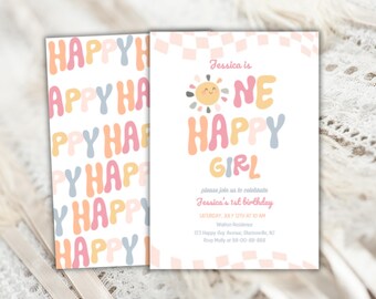 May include: Two invitations with a white background. One features the word "HAPPY" repeated in pastel colors. The other says "Jessica is ONE HAPPY GIRL" with a smiling sun graphic. The invitation is for a first birthday.