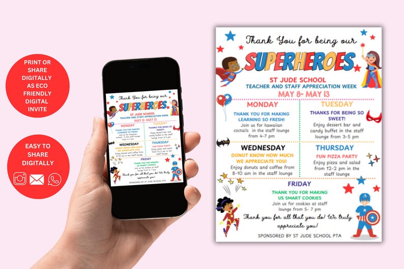 Editable Superhero Teacher Appreciation Week Flyer,week Schedule Event ...