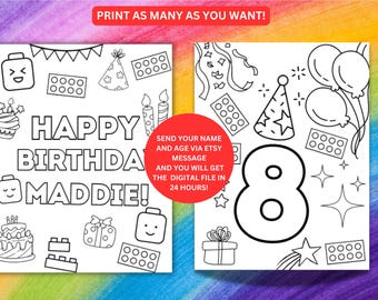 Puede incluir: Dos tarjetas de cumpleaños imprimibles en blanco y negro. Una dice "Happy Birthday Maddie!" con gráficos temáticos de Lego. La otra tarjeta tiene el número "8" y gráficos temáticos de cumpleaños. El texto en la parte superior dice "¡Imprime tantos como quieras!"