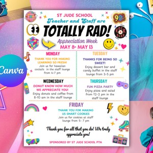 Flyer de la semaine d'appréciation du personnel enseignant des années 90 - calendrier Totally Rad & itinéraire affiche thème rétro modèle canva - imprimable numérique