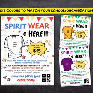 EDITABLE School Spirit Wear Fundraiser Flyer, Clothing T-shirt Order, PTO PTA Sales Flyer, Church School Event- Digital Printable