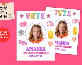 Class President Girl Poster Template,Student Election Vote  School Campaign,Printable Editable Canva Template