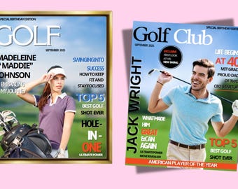 May include: Two golf magazine covers. One features a woman in a purple polo shirt and visor, the other a man in a blue polo shirt. Both covers have the text "Golf" and "September 2025". The magazines are framed and on a pink background.