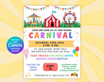 Editable Carnival Flyer Template For School Fair or Fundraiser I Canva Template- Digital Printable