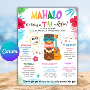Mahalo Tiki Rific Hawaiian Teacher Staff Appreciation Flyer, Tropical Luau Itinerary Flyer Canva Template,- Digital Printable Editable