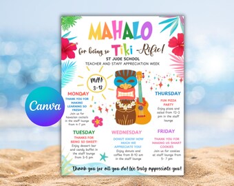 Op de afbeelding: Een kleurrijke poster met een tropisch thema, met een tiki-idool en een ukelele. De poster zegt "Mahalo for being so Tiki-Rific!" en geeft een schema van evenementen voor de Week van waardering voor docenten en personeel van de St. Jude School, van 8 tot en met 12 mei.