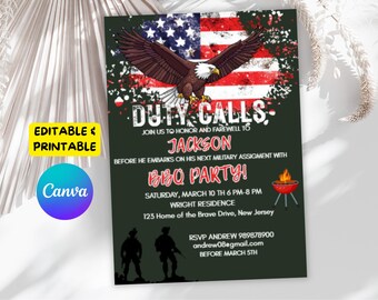 Duty Calls Military Farewell Party Invitation,American Flag Send- Off BBQ Invite- Canva Template
