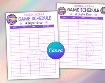 Volleyball Schedule Template Canva,Practice Game Calendar- Digital Printable Editable -Instant Download Now!