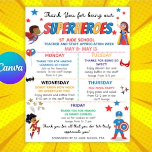 Editable Superhero Teacher Appreciation Week Flyer,Week Schedule Event Canva Template- Digital Printable