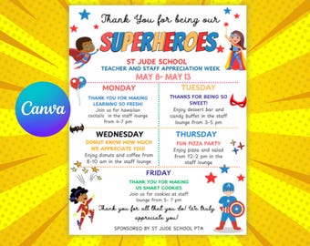 Editable Superhero Teacher Appreciation Week Flyer,Week Schedule Event Canva Template- Digital Printable