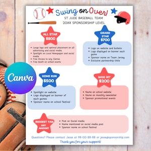 Editable Baseball Sponsorship Level Printable Template- Digital Editable -Instant Download Now!