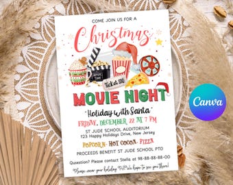 クリスマス映画鑑賞会の募金活動招待状、学校・教会・コミュニティホリデーパーティー - デジタル印刷可能