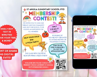 PTA Membership Contest Flyer,PTA Membership Drive,PTO Recruitment Competition, Editable, Digital,Printable,Instant Download Now!