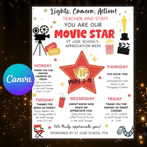 Hollywood Movie Star Teacher Staff Appreciation Week Itinerary Flyer Canva Template- Digital Printable