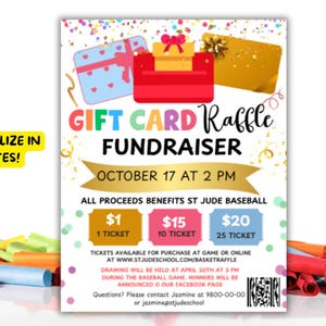 Peut inclure: Une affiche colorée pour une collecte de fonds par tirage au sort de cartes-cadeaux. La conception comprend des images de boîtes cadeaux, un fauteuil rouge et une carte cadeau dorée. Le texte comprend "Gift Card Raffle Fundraiser" et "October 17 at 2 PM".
