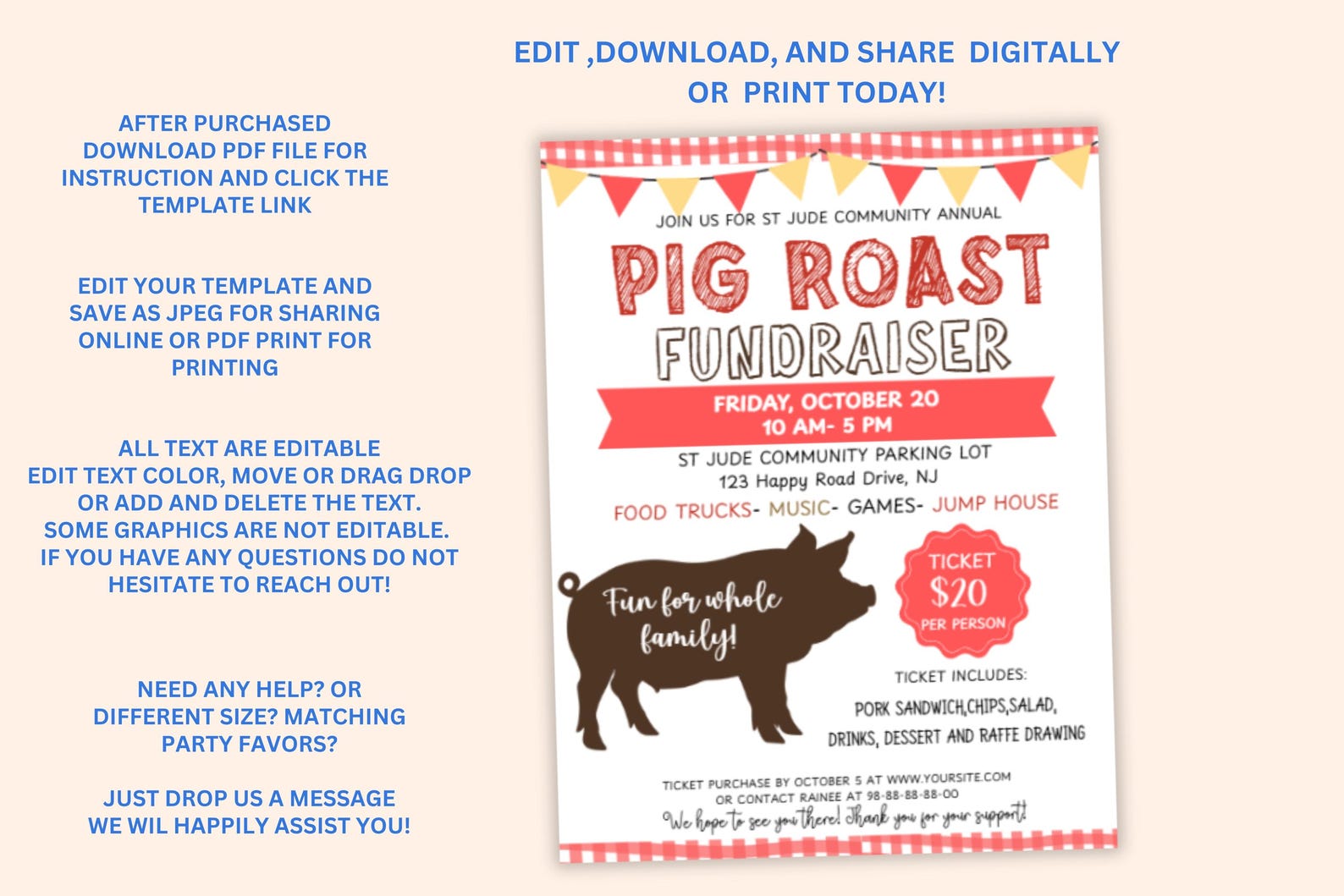 Hog Raffle Sign Editable Pig Roast Fundraiser Flyer Invitation Template (digital ...