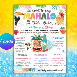 Hawaiian Luau Theme Teacher Staff Appreciation Flyer, Tropical Beach Itinerary Flyer Canva Template,Digital Printable Editable