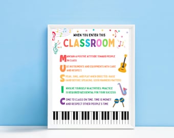 Poster muziekles regels, kleurrijk decor (digitale download)