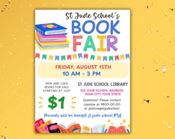 May include: A colourful flyer advertising a book fair at St Jude School. The flyer features a stack of books, a banner with flags, and the text "St Jude School's Book Fair". The event is scheduled for Friday, 15th August from 10 AM to 3 PM at the St Jude School Library. The flyer also includes the school's address and contact information. The text "£1" is highlighted in green.