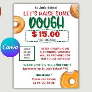 Donut Fundraiser Flyer Template, PTA School Fundraiser, Fundraiser Ideas, Canva Template- Digital Printable Editable