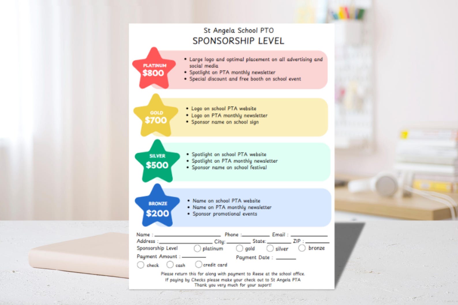 PTO PTA Sponsorship Levels Form Template,school Pta Pto Flyer, Canva ...