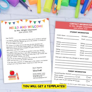 May include: Two printable classroom templates: a welcome letter and a student information form. The welcome letter has colourful banner decorations and the text "Hello and Welcome". The student form is red and white.