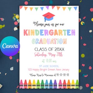 Editable Kindergarten Graduation Invitation, Kindergarten Party Invite, Kindergarten Graduation Flyer,Printable Digital Canva Template