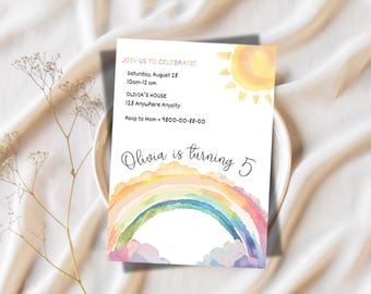 Watercolor Rainbow Birthday Invitation: Editable Party Invite (Digital Download)