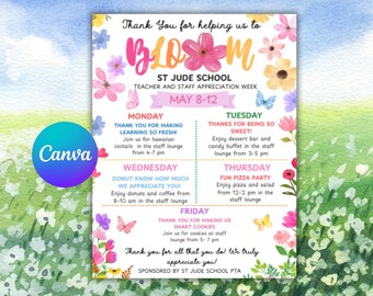 Bearbeitbarer Programmplan für die Lehrer Wertschätzung: Blumenblüte Canva Vorlage Digital Printable