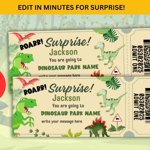 Billet modifiable pour le parc des dinosaures, carte cadeau, billet surprise pour parc à thème, visite du musée des dinosaures, téléchargement immédiat