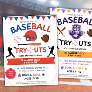 Editable Baseball Tryouts Flyer Template,Sports Poster for Team Tryouts,Digital Printable -Instant Download Now!