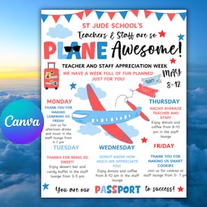 Plane Awesome Teacher Appreciation, Airplane Travel Itinerary Week Schedule Events- Digital Printable Editable Canva Template
