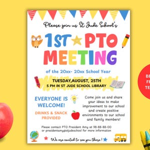 Editable First PTA PTO Meeting Flyer Canva Template,Back to School Parent Night School Handout, Digital Printable