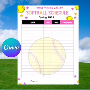 Softball Schedule Template, Girls Softball Game Calendar Pink, Canva Printable Template- Digital Editable -Instant Download Now!