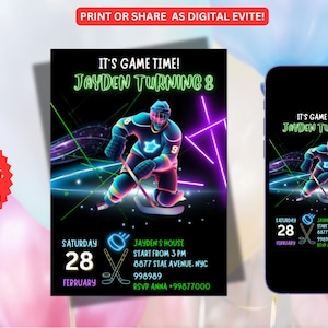 Faire-part d'anniversaire de hockey, invitation phosphorescente de hockey sur glace, laser tag, modifiable imprimable-téléchargement instantané maintenant !