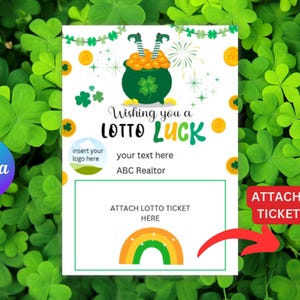 St Patricks Lottokarte für Grundbesitz, Pop von Makler Pot Of Gold Lotteriekarte, druckbare bearbeitbare Sofortdownload-Canva