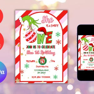 May include: A festive invitation for Elsa's 1st birthday, featuring a Grinch-themed design with red and white stripes, snowflakes, and a Santa hat. The invitation includes the text "She is a Sweet One" and event details.