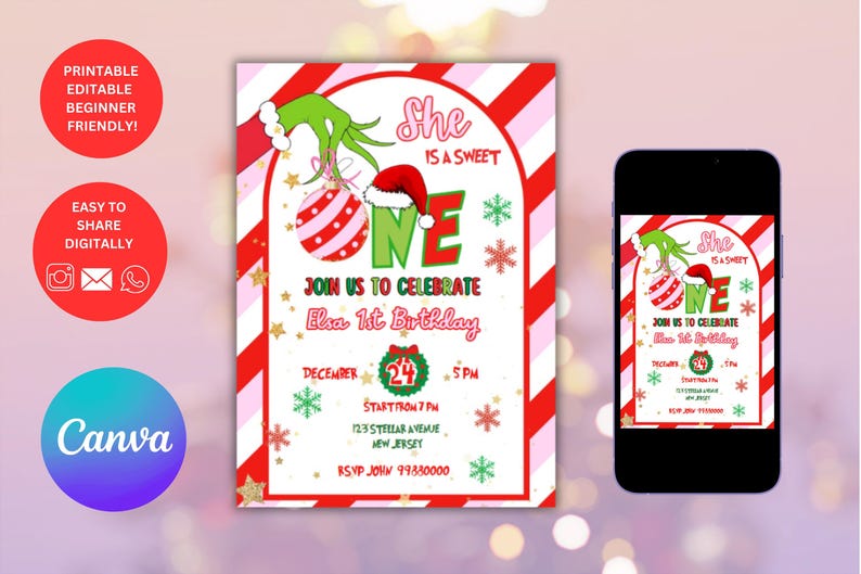 May include: A festive invitation for Elsa's 1st birthday, featuring a Grinch-themed design with red and white stripes, snowflakes, and a Santa hat. The invitation includes the text "She is a Sweet One" and event details.