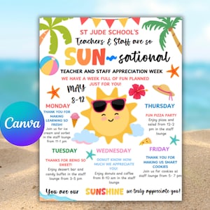 Editable Sunsational Teacher Staff Appreciation Flyer,Beach Week Itinerary Poster, Canva Template- Digital Printable Editable