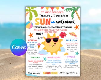 Bearbeitbarer Sunsational Lehrer Personal Wertschätzung Flyer, Strand Woche Reiseplan Poster, Canva Vorlage - Digital druckbare bearbeitbar