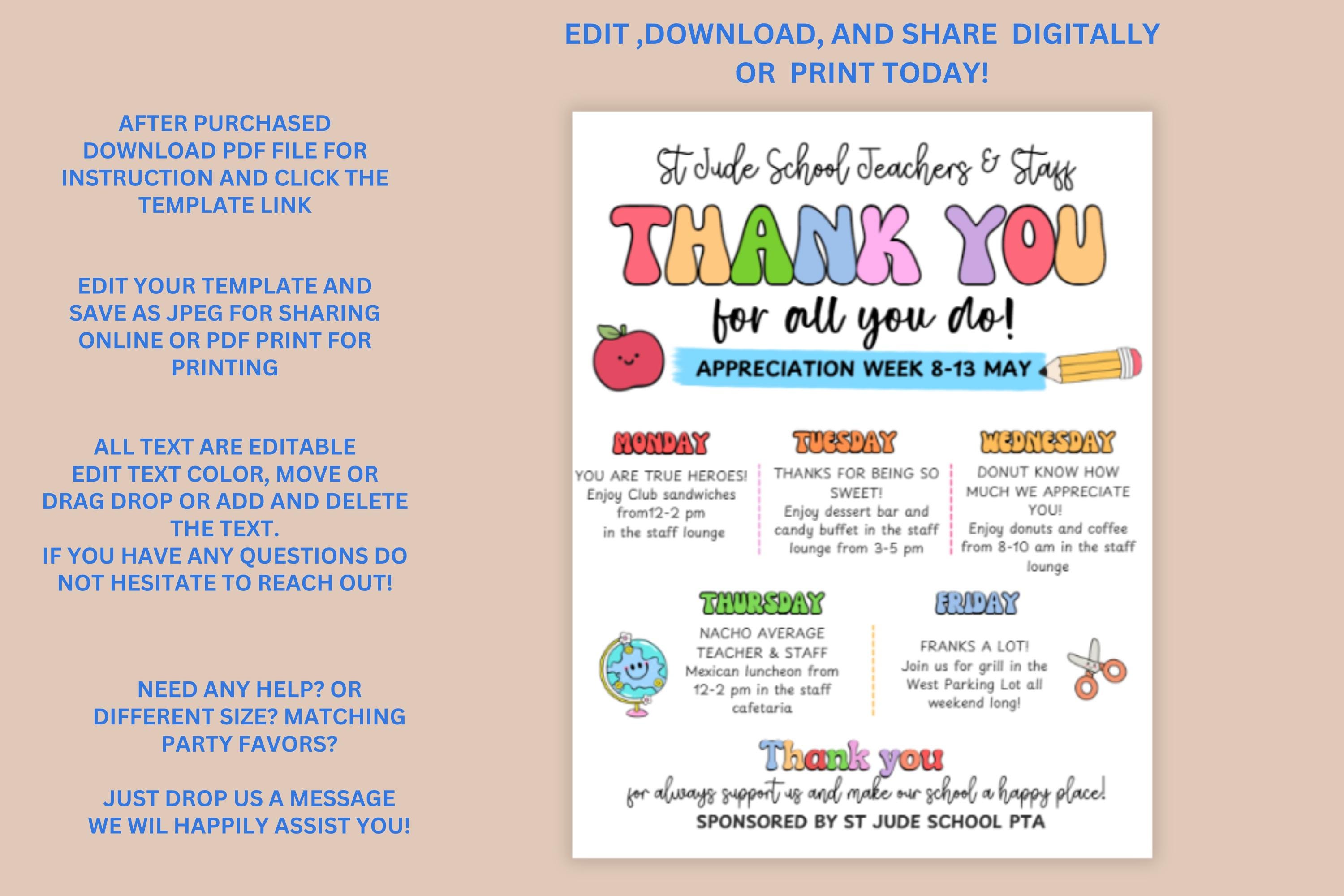 Printable Teacher Appreciation Week Itinerary Flyer Template , Editable ...