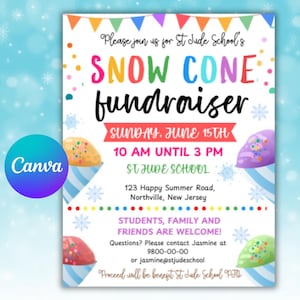 Snowcone Fundraiser Party Flyer: Summer Event Invite Canva Editable, Digital Download