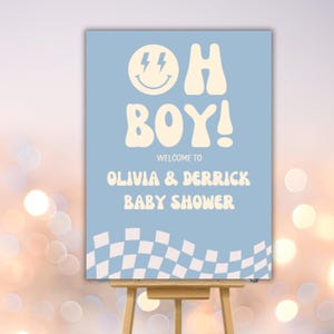 Retro geruite Oh Boy babyshower welkomstbord digitaal afdrukbaar
