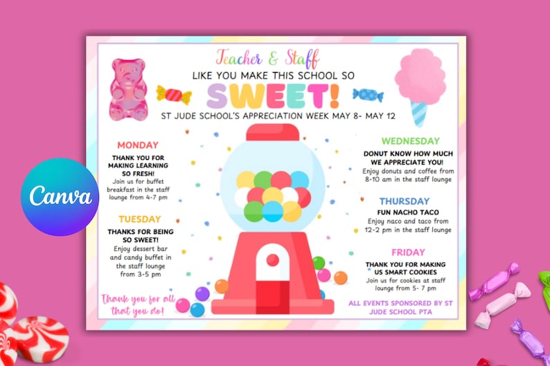 Sweet Candy Gumball Machine Teacher Staff Appreciation Week Schedule ...