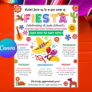 Plantilla de Canva para volante editable con temática de fiesta mexicana, para agradecer a profesores y personal, itinerario de tacos y nachos - Imprimible digitalmente